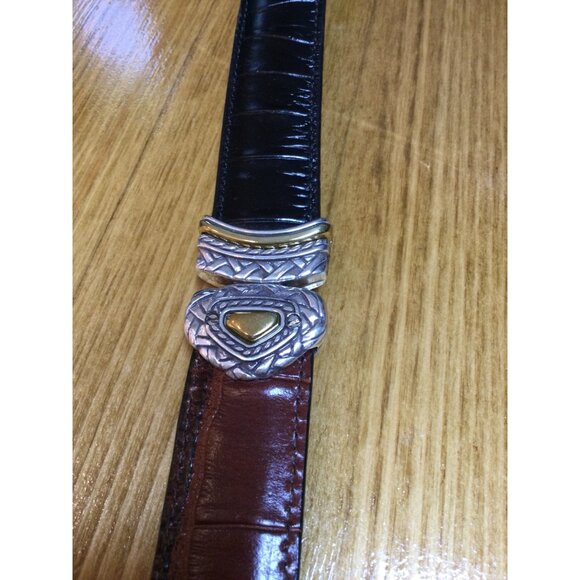 Vintage Brighton Two Tone Reversible Leather Belt Brown Black Embossed Design - Picture 3 of 10